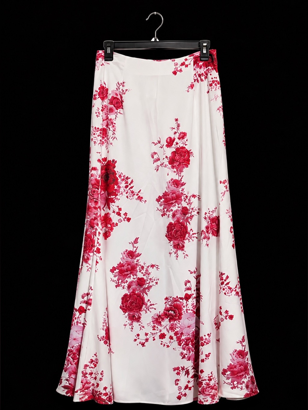 Floral White Maxi Skirt with Pink Red Rose Print